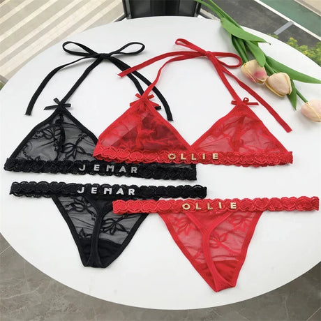 Name Custom Crystal Letter Thong Lace Tie Neck Bikini Bra Panties Sexy Personalized Name Low Waist G-String Underwear Bra Set
