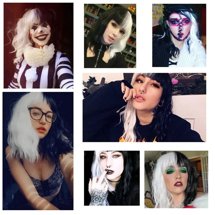 Cosplay Halloween Party Wigs CRUELLA Deville De Vil Black White With Bangs Short Bob Hair for Women Heat-Resistant Synthetic Wig