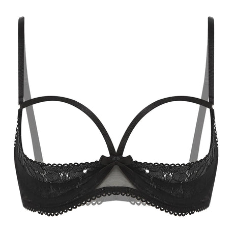 Womens Sexy Cupless Bra Sheer Floral Lace Bra Hollow Out 1/4 Cups Push-up Underwire Bralette Balconette Lingerie Underwear