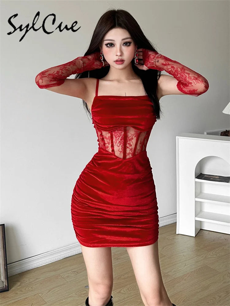 Sylcue Winter Bachelor Party Solid Color Velvet Tight Sexy Hot Mature Charm Women'S Fishbone Sling Dress With Lace Sleeve