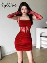 Sylcue Winter Bachelor Party Solid Color Velvet Tight Sexy Hot Mature Charm Women'S Fishbone Sling Dress With Lace Sleeve