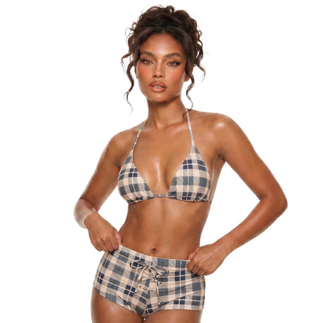 Women's Summer Tie-up Swimsuit,Bikini Top and Boy-Leg Shorts Set,Dot/Plaid Print Swimwear Beach Bathing Suit Biquini