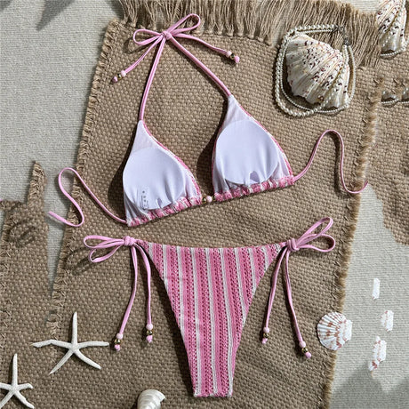 Pink Striped Print Halter String Triangle Bikinis Sets Micro Thong Sexy Swimsuit Women 2026 Ladies Swimwear Bead Bikini Bather