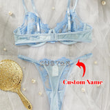 Personalized Thong with Name Embroidery Floral 2pc ingerie Set Custom Your Name Thong Sheer Bra Brief Underwear Anniversary Gift
