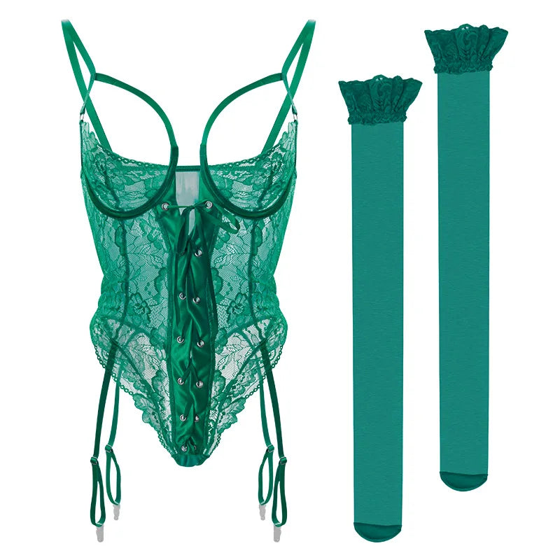 European and American Sexy See-through Dress Mesh Lace Garter Side One-Piece Underwear Women's Sexy Tight Jumpsuit Two-Piece Set