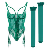 European and American Sexy See-through Dress Mesh Lace Garter Side One-Piece Underwear Women's Sexy Tight Jumpsuit Two-Piece Set