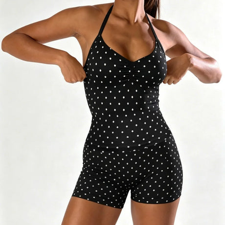Polka Dot Yoga Set Halter Sports Bra High Waist Booty Shorts Push Up Gym Outfit for Running Fitness