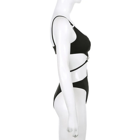 Women's Black Sleeveless V-Neck Spaghetti Strap Bodysuit Hollow out Rave Goth Outfit Back Hook Closure Punk Top