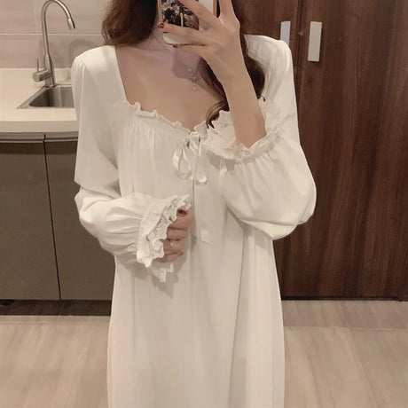 Long Sleeve Princess Style Nightdress Women's Pajamas Lace Palace Korean Version Loose Plus Size 2024 New Homewear Birthday Gift