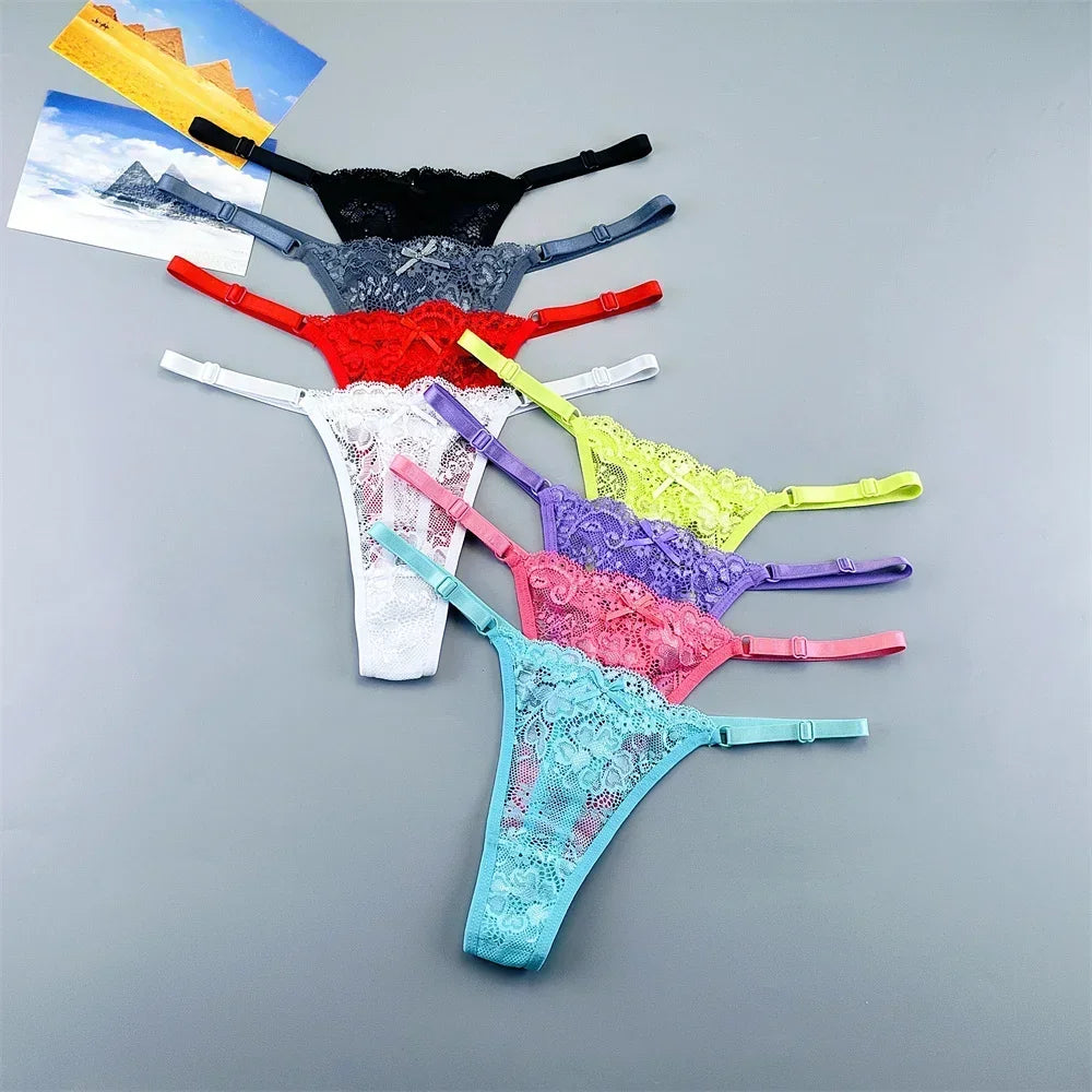 3PCS Adjustable Sexy Transparent Thong Panties Women Lace Underwear Low Waist Female T-back String Underpants