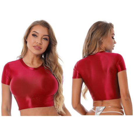 Womens Glossy Two-piece Outfit Oil Shiny Smooth High Waist Mini Skirt with Tank Top Nightclub Rave Outfit Pole Dancing Clubwear