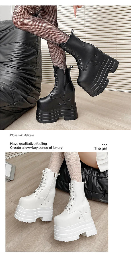 Height Increasing Women's High Boots Black Leather Thick Bottom Platform Shoes Side Zip Gothic Punk Short Boots Street Style