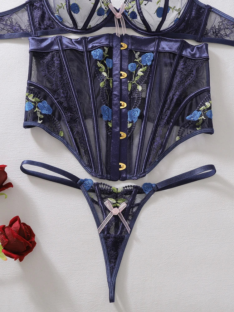 Belamimi Luxury Heavy Craft Embroidery Boned Corset 3-Piece Lingerie Set Ladies Slimming Sexy Body Shaping Underwear