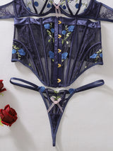 Belamimi Luxury Heavy Craft Embroidery Boned Corset 3-Piece Lingerie Set Ladies Slimming Sexy Body Shaping Underwear