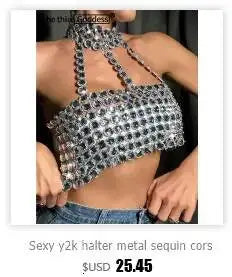 Sexy Metal Rhinestone Corset Crop Top Women Summer Club Party tops Woman Clothing See through Beach Halter Tank Top Streetwear
