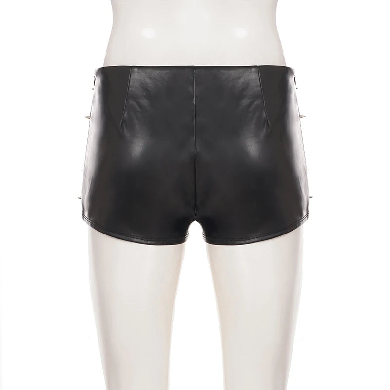 Women Low Waist Faux Leather Mini Shorts Spike Studded Decor Slim Fit Solid Black Punk Gothic Clubwear Y2K Streetwear Bottoms
