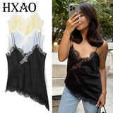 HXAO Lace Asymmetrical Top Women Tanks & Camis Summer 2025 Black Slip Sleeveless Top  Ladies y2k Backless Off Shoulder Camisole