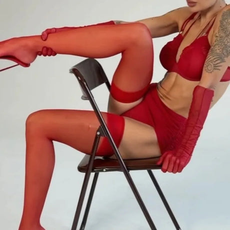 Seductive Red Women's Lingerie Sets Wild Sexy Sheer Mesh Double Strap Halter Bra Panty Mini Skirt Gloves Stocking 5PC Erotic Set