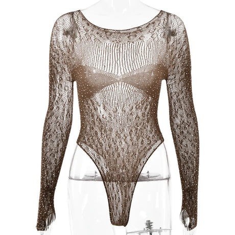 Women Slim See Through Long Sleeve Romper Tops Shiny Rhinestone Tshirt Bodysuit Party Club Hollow Out Wrap Overalls Tops