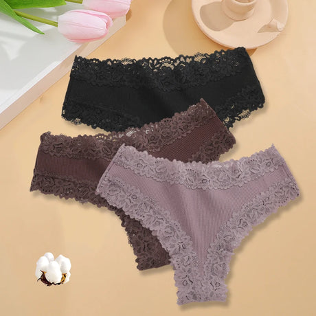 3PCS/Set Sexy Lace Seamless Cotton Brazilian Panties Women Ribbed Intimates Breathable Panties Low Waist Female Cotton Underwear