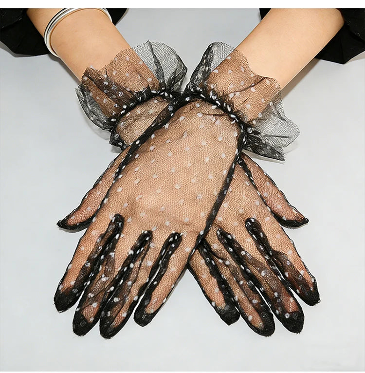 Short Dot Embellished Wedding Veil Performance Gloves for Women Netting Bridal Wedding Gown Polka Dot Gloves Breathable Gloves