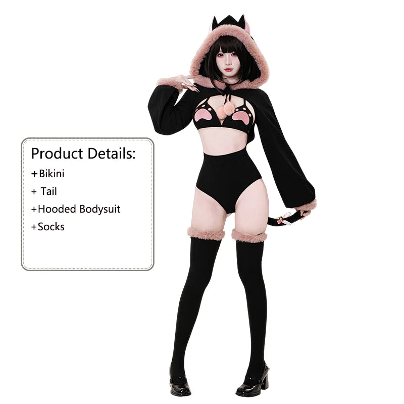 SENMHS Original Japanese Sweet Lolita Cat Girl Cosplay Set Women Kawaii Cat Paw Bikini with Hooded Bodysuit Photo Shoot Hallowee