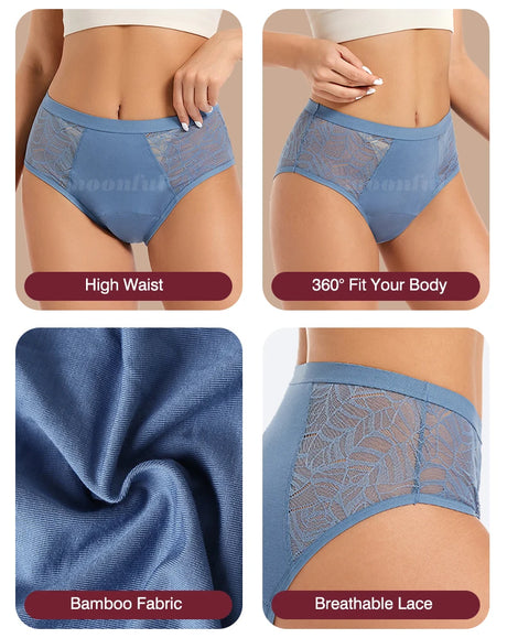 Moonful Women's Menstrual Panties High Waist Leak Proof 4 Layer Breathable Lace Period Underwear Girls Absorbent Brief