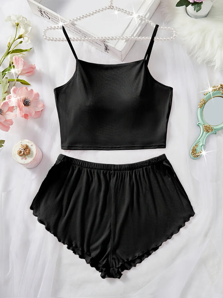 Women’s 2 Piece Solid Color Pajama Set, Square Neck Crop Cami Top and Ruffle Trim Split Shorts, Ribbed Sleepwear Loungewear