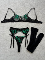 Ellolace Honey Women's Lingerie Sets Elegant French Embroidered Bra Belt Thong 3PC Stockings Romantic Floral Women's Underwear