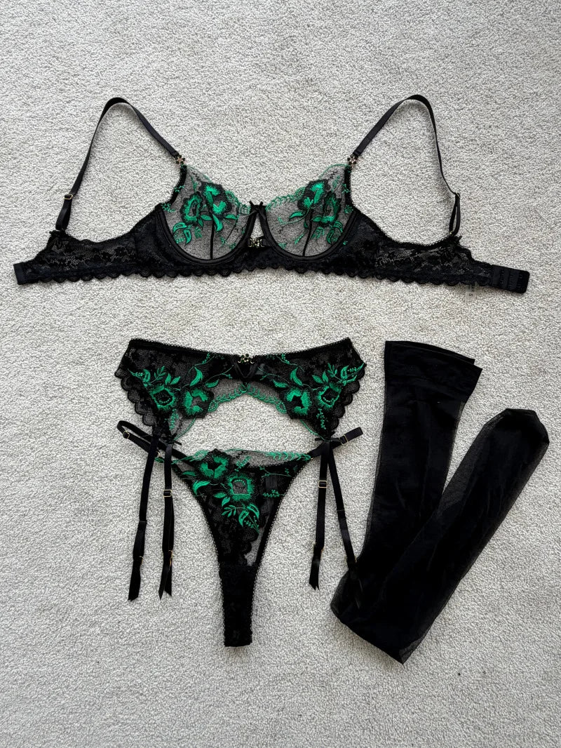 Ellolace Honey Women's Lingerie Sets Elegant French Embroidered Bra Belt Thong 3PC Stockings Romantic Floral Women's Underwear
