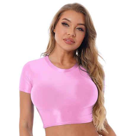 Womens Glossy Two-piece Outfit Oil Shiny Smooth High Waist Mini Skirt with Tank Top Nightclub Rave Outfit Pole Dancing Clubwear