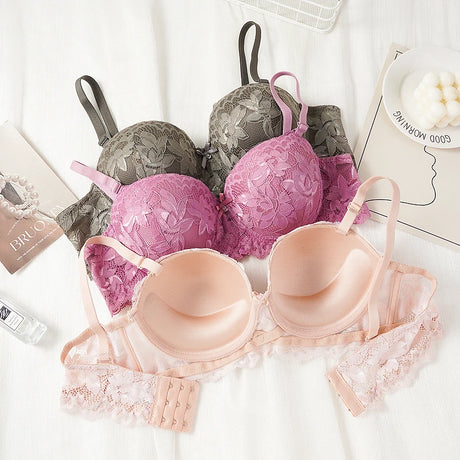 Women's Push Up Half Cup Bras French Lace Floral Bralette Thicken Bottom Gathered Underwire 36-42 A/B Cup Small Chest Underwear