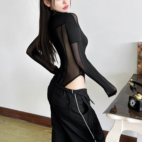 Sexy See Through Bodysuit Women Dark Gothic Streetwear Emo Alternative Grunge Y2k Long Sleeve O-neck High Waist Jumpsuit