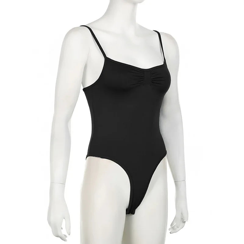 Women's Sleeveless Skinny Shirring Bodysuit Spaghetti Strap Black Solid Simple Basic Sexy Camisole for Vacation