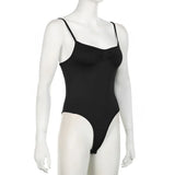 Women's Sleeveless Skinny Shirring Bodysuit Spaghetti Strap Black Solid Simple Basic Sexy Camisole for Vacation