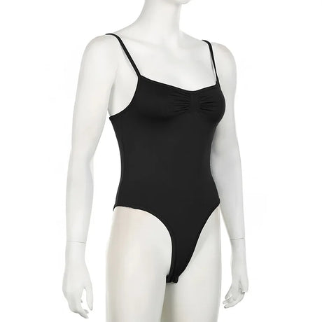 Women's Sleeveless Skinny Shirring Bodysuit Spaghetti Strap Black Solid Simple Basic Sexy Camisole for Vacation