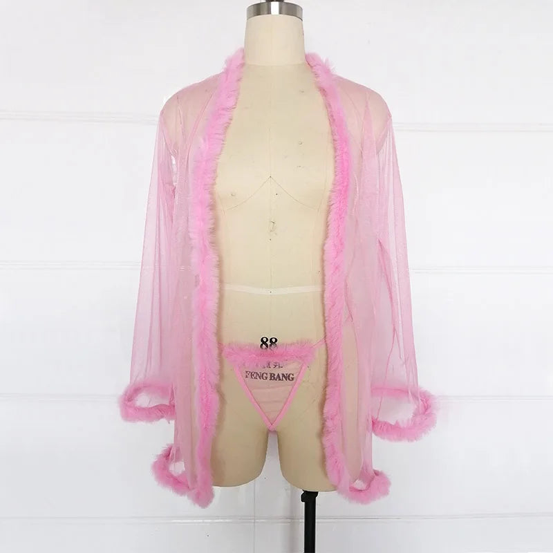 Thin Transparent Plush Pajamas Woman Sexy Lingerie Exotic Sleepwear Erotic Nightgown Porn Bathrobe Fancy Costume Boyfriend Shirt