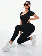 Women's Slimming Sexy Yoga Sports Jumpsuit Spring Summer Threaded Square Collar Lifting Buttocks Design Comfortable Active Wear