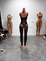Sexy Lace Up Women Patterned Black Jumpsuit Sheer Suspender Bodystocking Geometric Cutout Slim Fit Lingerie