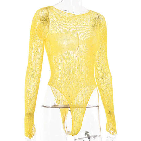 Women Slim See Through Long Sleeve Romper Tops Shiny Rhinestone Tshirt Bodysuit Party Club Hollow Out Wrap Overalls Tops