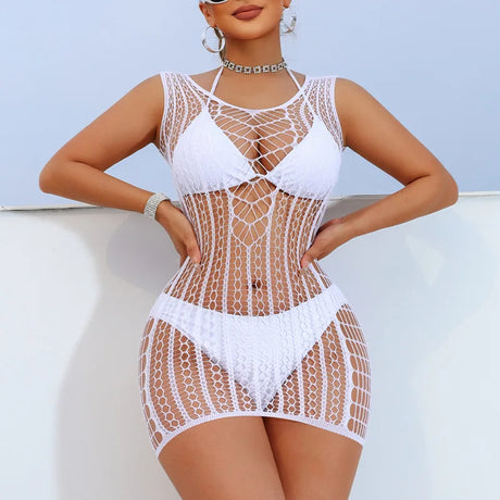 Sexy Erotic Lingerie Women Lace Tight Fit Patterned Sheer Mesh One Piece Bodysuit Dress