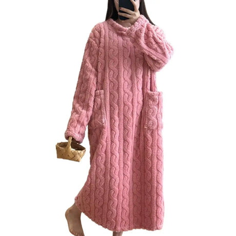 Winter Long Sleeve Double Pocket Flannel Nightgowns Women Loose Solid Sleepwear Jacquard Night Dress Thickened Warm Nightdress