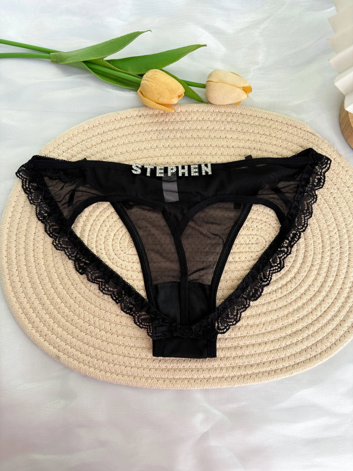 Custom Rhinestone Letter Name Underpants Sexy Mesh Panties Low Rise Hollow Hip Briefs Personalized Gift Wife Lover Anniversary