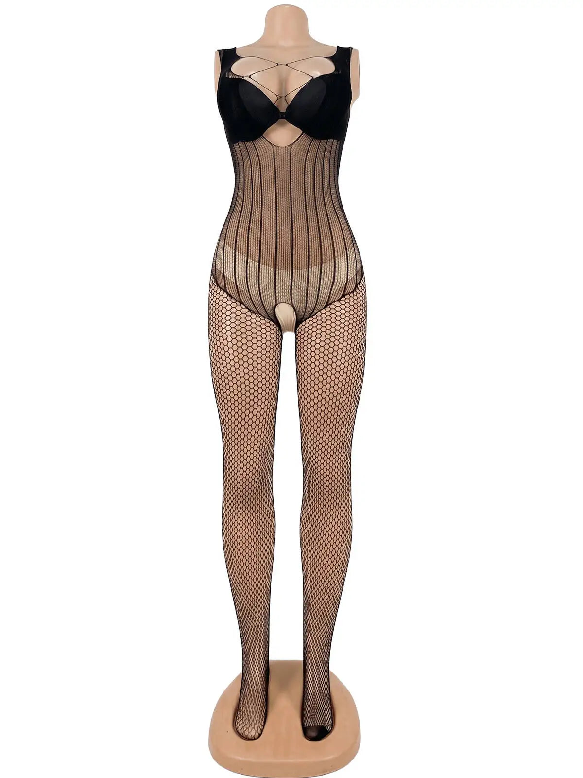 European American Lingerie Sexy Mesh Outfit Hollowed Out Mesh Through Vertical Sexy Mesh Fishnet Stripe Open Crotch One Piece