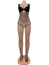 European American Lingerie Sexy Mesh Outfit Hollowed Out Mesh Through Vertical Sexy Mesh Fishnet Stripe Open Crotch One Piece