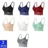 3PCS Women's Lace Bras Top Comfortable Bralette Solid Color Sexy Underwear Vest Female Hollow Out Wireless Lingerie Seamless Bra