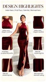 Burgundy Velvet Halter Neck Mermaid Gown High Neck Split Evening Party Dress for Women Wedding Guest Prom Formal Dresses