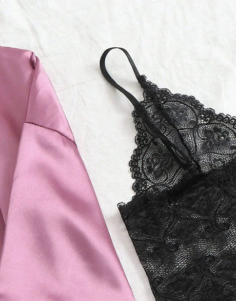 Women's Summer Sexy Pajama Pants Set 4 Pieces Lace Satin With Silk Sleepwear Robe Fashion And Comfortable Nightwear