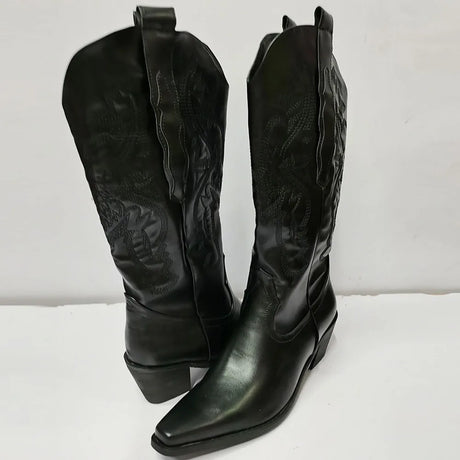 White Cowgirl Western Boots Embroidery Cowboy Boots for Women 2026 Brand Fashion Chunky Heeled Women Mid-Calf Boots Shoes Comfy