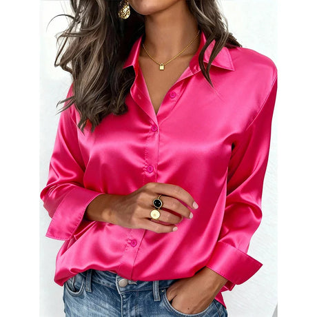 Spring And Autumn Women's Lapel Shirt Button Cardigan Top Black Green Red Elegant Fashion Office Basic Blouses For Female Shirts